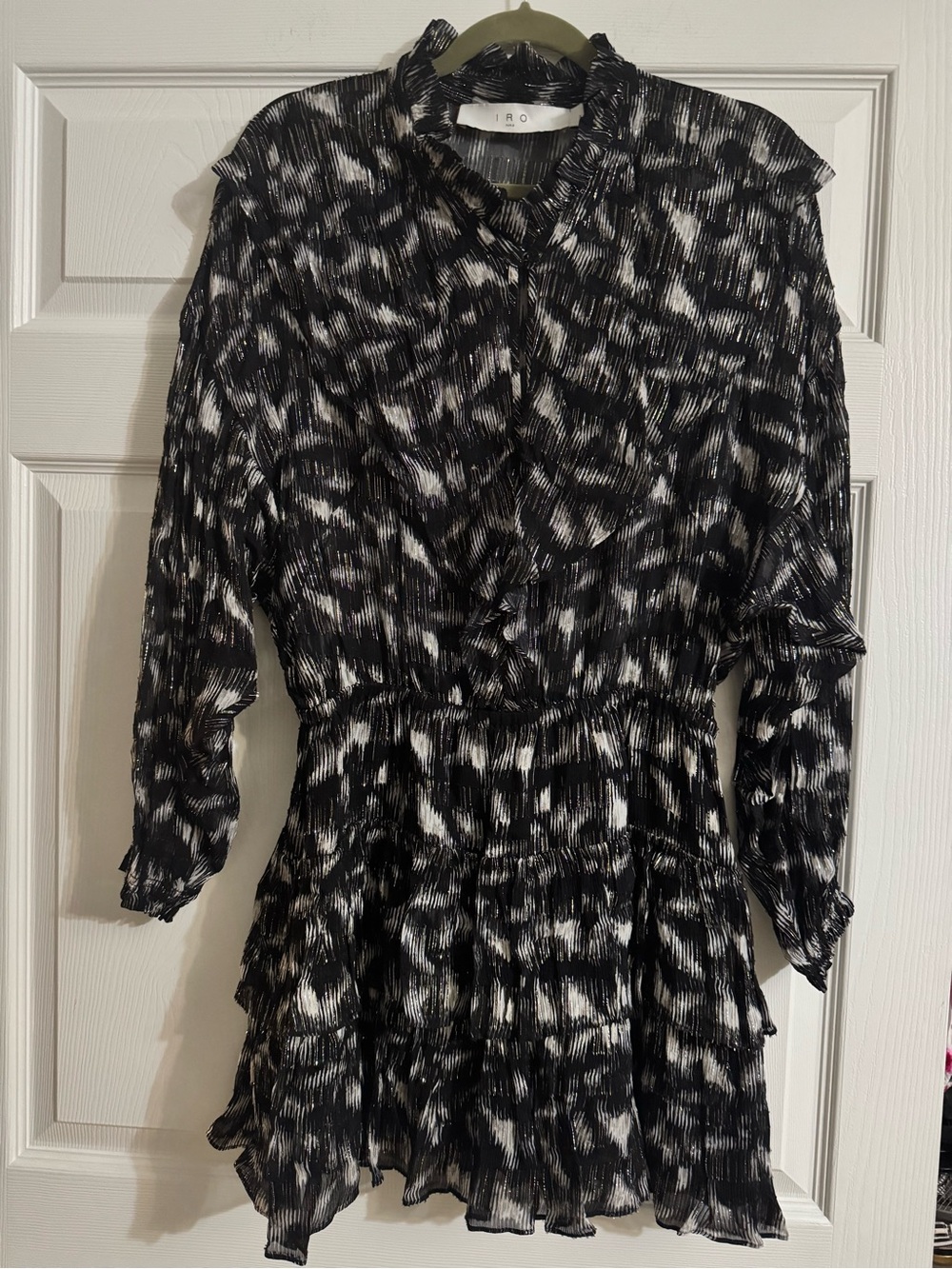IRO Paris Metallic Ruffle Mini Dress Black Silver Gold Size 6